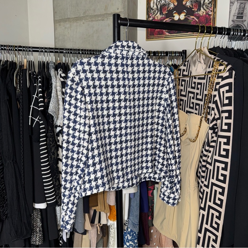 Zara Navy And White Houndstooth Tweed Cropped Jacket Jewel Buttons Womens XS NWT - Picture 7 of 8